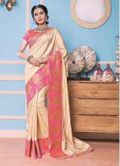 Designer saree with Excellent work and cream and light pink color