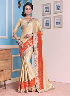 Designer saree with Excellent work and cream and orange color