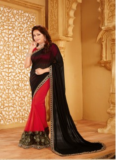 Designer saree with zari work and black and red color