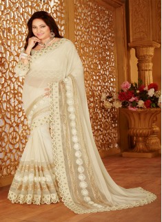 Designer saree with zari work and cream color