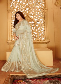 Designer saree with zari work and light blue color