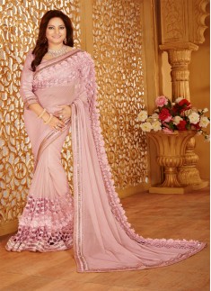 Designer saree with zari work and light pink color
