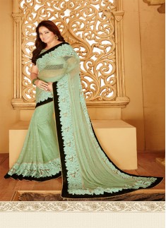 Designer saree with zari work and sea green color