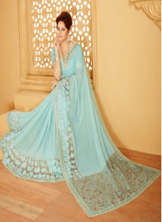Designer saree with zari work and turquoise color