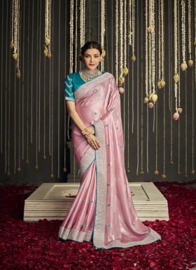 Designer Satin Silk Pink Saree With Zari Broder