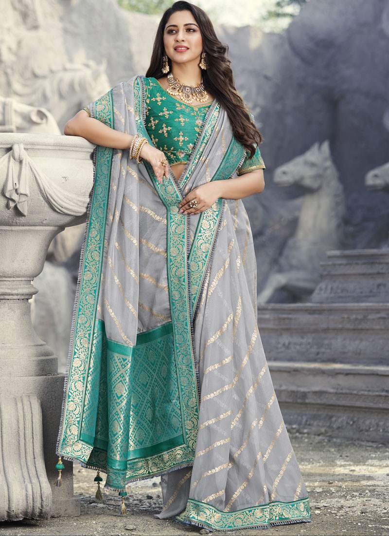 Elegant Look Net Organza Fabric Saree With Contrast Heavy Work Blouse Piece