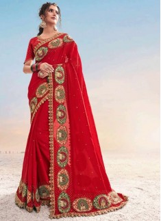 Elegant Look Red Colour Saree With Resham Jari Work In Border And Fancy Blouse Piece