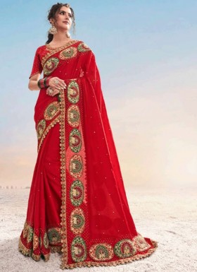 Elegant Look Red Colour Saree With Resham Jari Work In Border And Fancy Blouse Piece