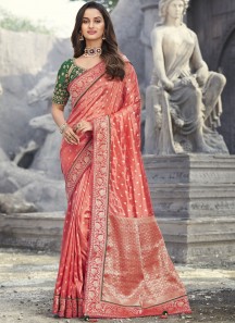 Elegant Look Semi Dola Fabric Saree With Contrast Heavy Work Blouse Piece