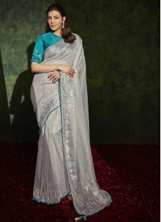 Elegant Organza Fabric Saree With Contrast Fancy Work Blouse Piece