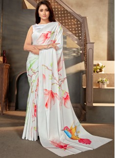 Elegant Print Satin Crepe Material Casual Wear Saree