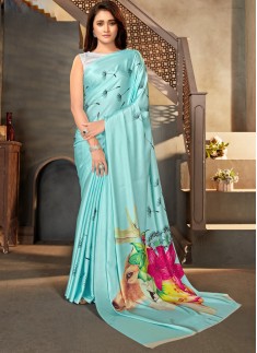 Elegant Print Satin Crepe Material Casual Wear Saree