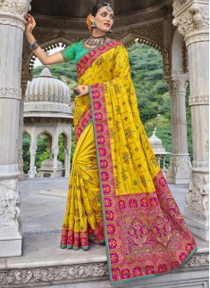 Elegant Pure Satin Saree With Contrast Heavy Work Blouse Piece