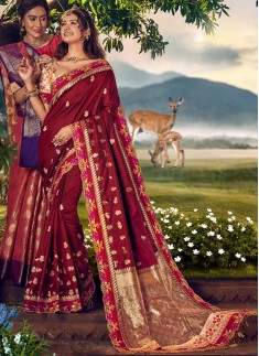 Elegant Silk Saree With Work And Contrast Heavy Work Blouse Piece