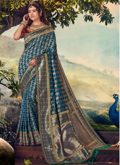 Elegant Silk Saree With Work And Contrast Heavy Work Blouse Piece