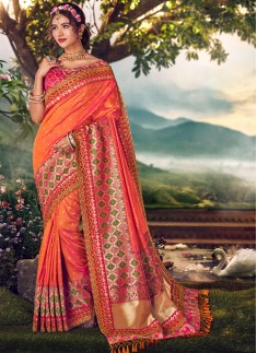 Elegant Silk Saree With Work And Contrast Heavy Work Blouse Piece