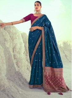 Elegant Slub Silk Fabric Saree With Contrast Weaving Blouse Piece