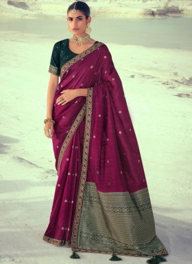 Elegant Slub Silk Fabric Saree With Contrast Weaving Blouse Piece