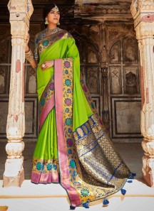 Elegant Soft Banarasi Silk Material Saree WIth Contrast Heavy Blouse Piece