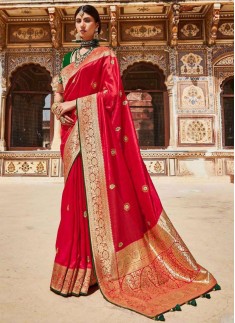 Elegant Soft Banarasi Silk Material Saree WIth Contrast Heavy Work Blouse Piece