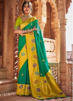 Elegant Soft Banarasi Silk Material Saree WIth Contrast Heavy Work Blouse Piece