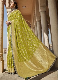 Elegant Soft Dola Silk Saree With Contrast Heavy Work Blouse Piece