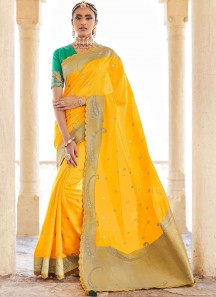 Elegant Soft Dola Silk Saree With Contrast Heavy Work Blouse Piece