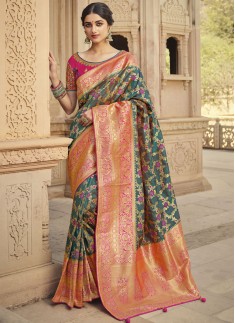 Elegant Soft Silk Saree With Weaving And Contrast Heavy Work Blouse Piece