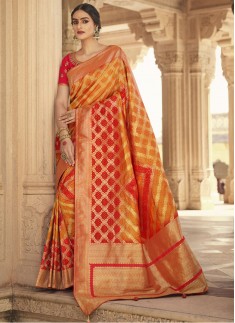 Elegant Soft Silk Saree With Weaving And Contrast Heavy Work Blouse Piece