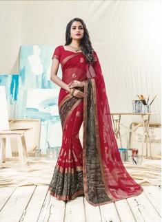 Fancy Red And Black Skirt Border Saree with Foil Print