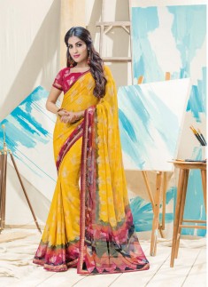 Fancy Yellow Saree With Beautiful Print With Skirt Border Style