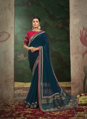 Festive Blue Satin Silk Classic Saree