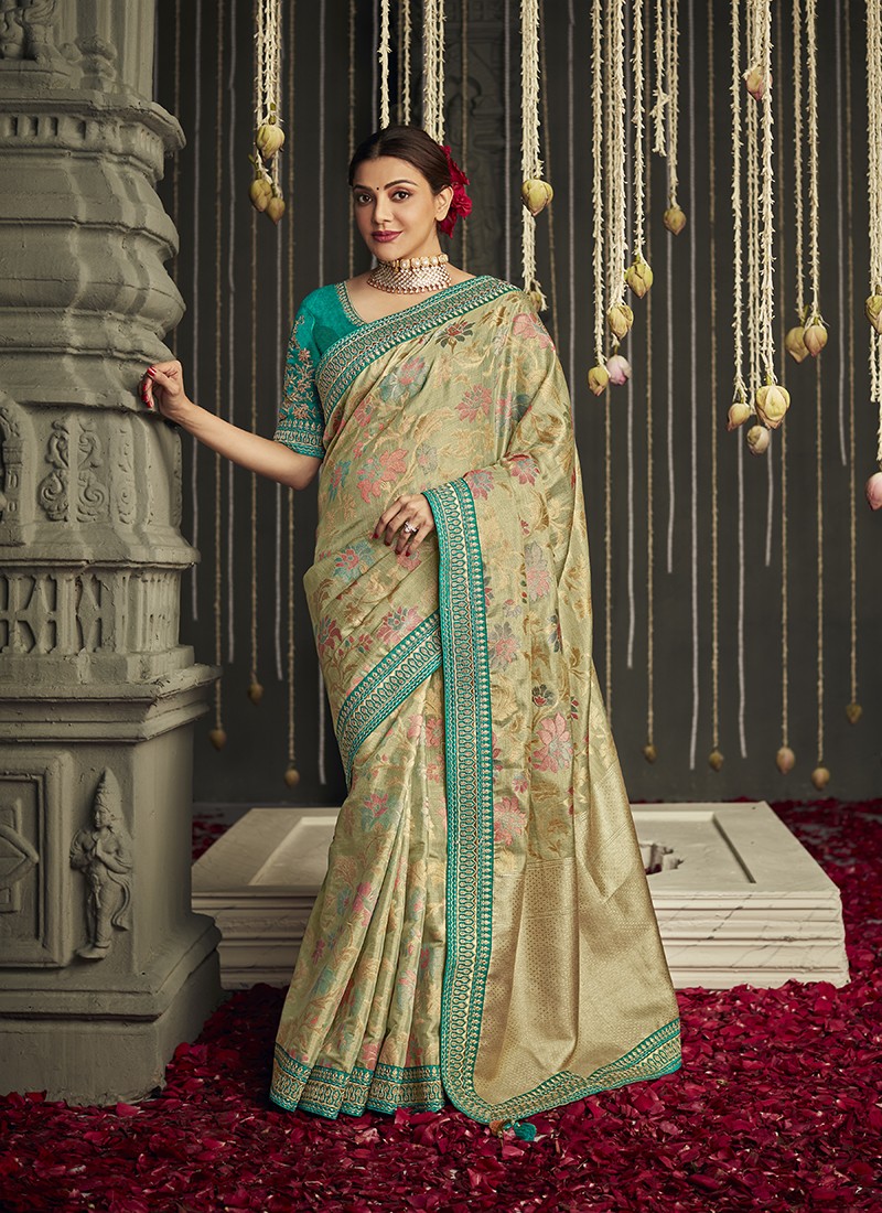 Festive Wear Beige And Turquoise Art Silk Saree