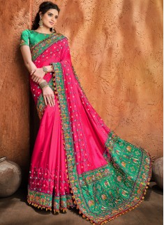 Gajri Pure Satin Saree With Mirror,Resham & Diamond Heavy Work Including Contrast Heavy Work Blouse Piece