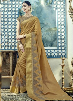 Gold Color Saree With Contrast Heavy Work Blouse