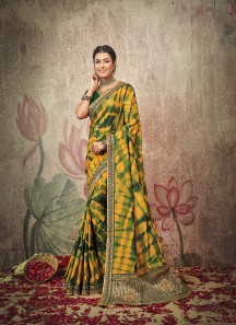 Green And Yellow Tie-Dye Satin Silk Saree