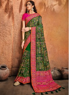 Green Banarasi Silk Saree With Pure Kachhi Work ,Diamond & Mirror Heavy Work Including Contrast Heavy Work Blouse Piece