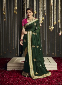 Green Chiffon Silk Saree With Zari Border