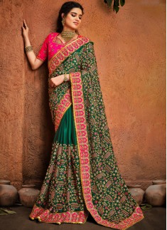 Green Pure Satin Saree With Jari,Thread,Diamond & Mirror Heavy Work Including Contrast Heavy Work Blouse Piece