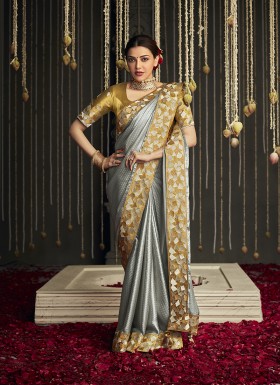 Grey Silk Saree With Fancy Gold Border