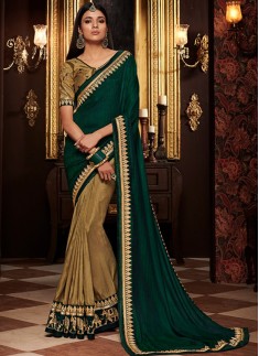 Half N Half Sarees With Decent Color Combination And Contrast Heavy Blouse