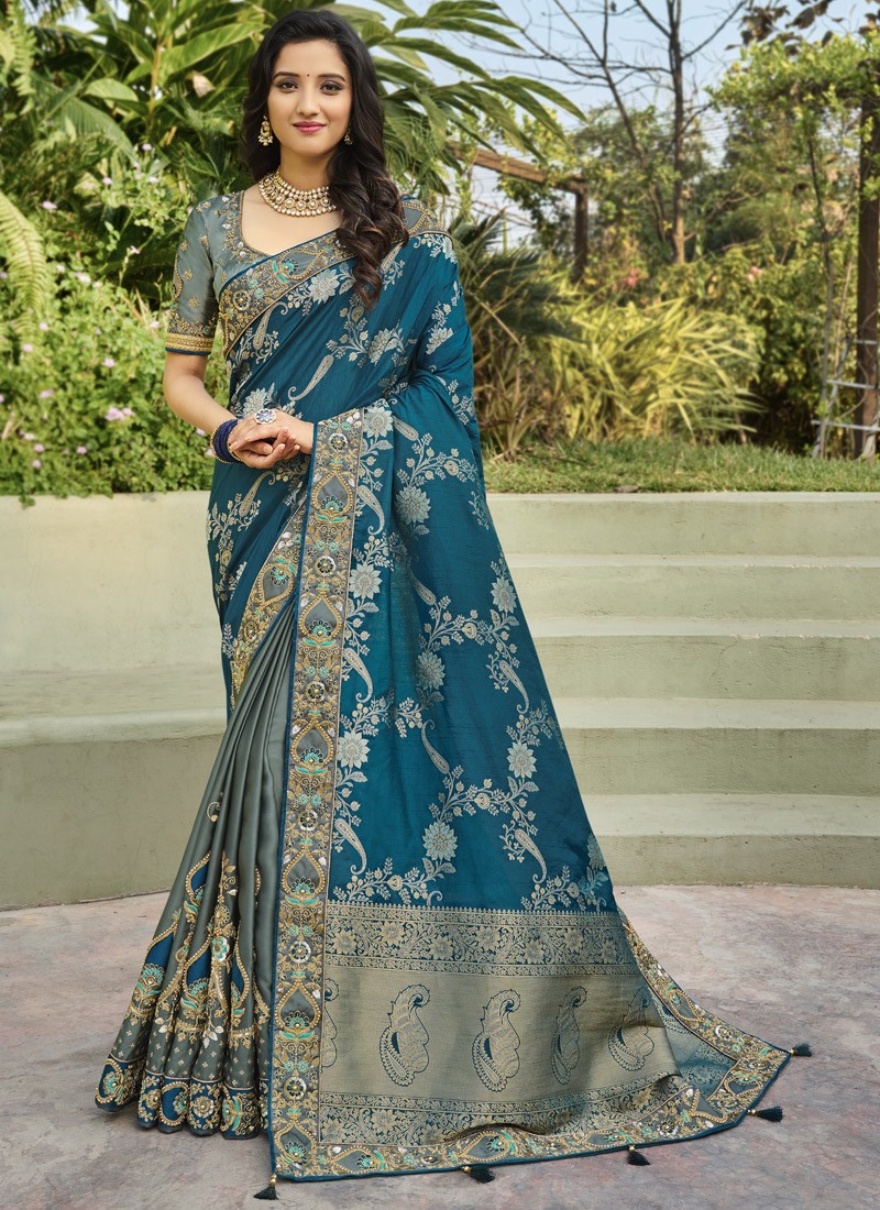 Half-N-Half Style Attractive Resham Jari work Saree With Contrast Heavy Work Blouse Piece