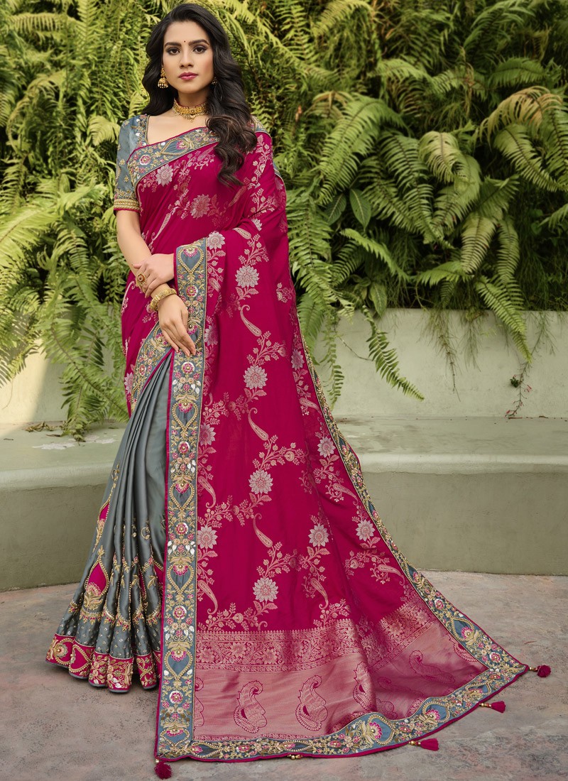 Half-N-Half Style Attractive Resham Jari work Saree With Contrast Heavy Work Blouse Piece