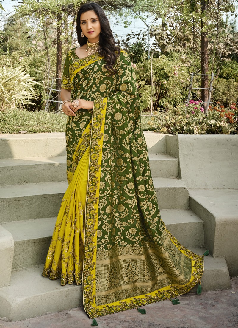 Half-N-Half Style Attractive Resham Jari work Saree With Contrast Heavy Work Blouse Piece