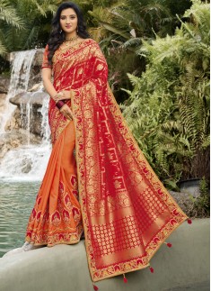 Half-N-Half Style Attractive Resham Jari work Saree With Contrast Heavy Work Blouse Piece