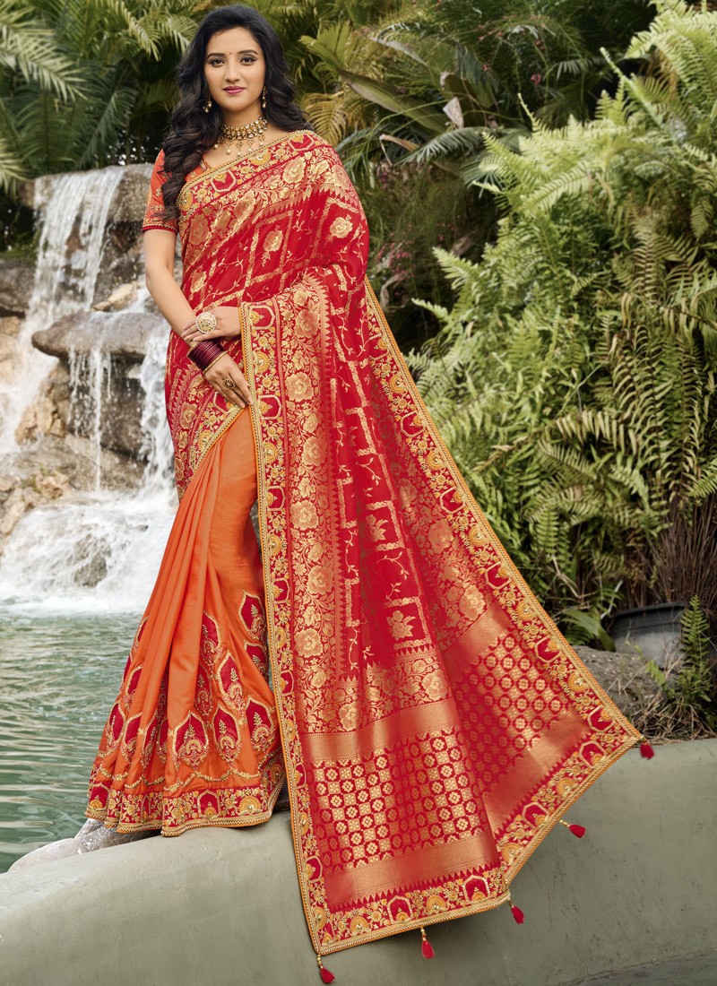 Half-N-Half Style Attractive Resham Jari work Saree With Contrast Heavy Work Blouse Piece