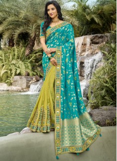 Half-N-Half Style Attractive Resham Jari work Saree With Contrast Heavy Work Blouse Piece