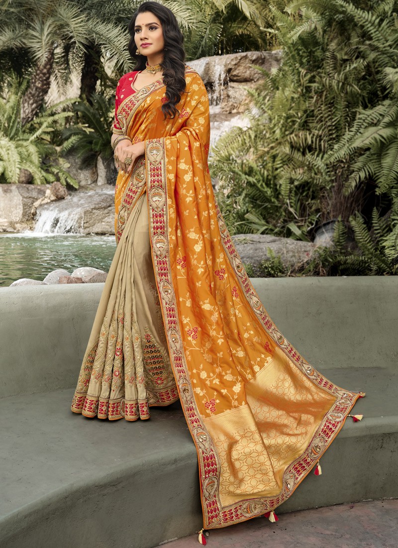 Half-N-Half Style Attractive Resham Jari work Saree With Contrast Heavy Work Blouse Piece