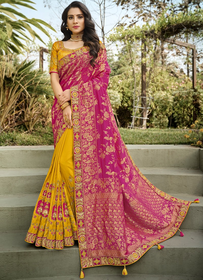 Half-N-Half Style Attractive Resham Jari work Saree With Contrast Heavy Work Blouse Piece