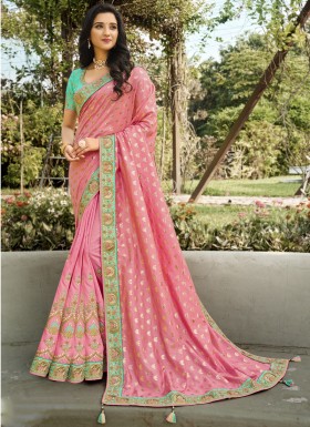 Half-N-Half Style Attractive Resham Jari work Saree With Contrast Heavy Work Blouse Piece